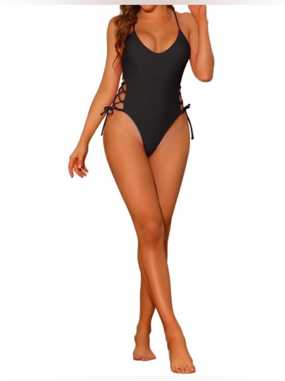 Black one-piece Swimsuit Lace Up Criss Cross back and Side Tie Sz.S
